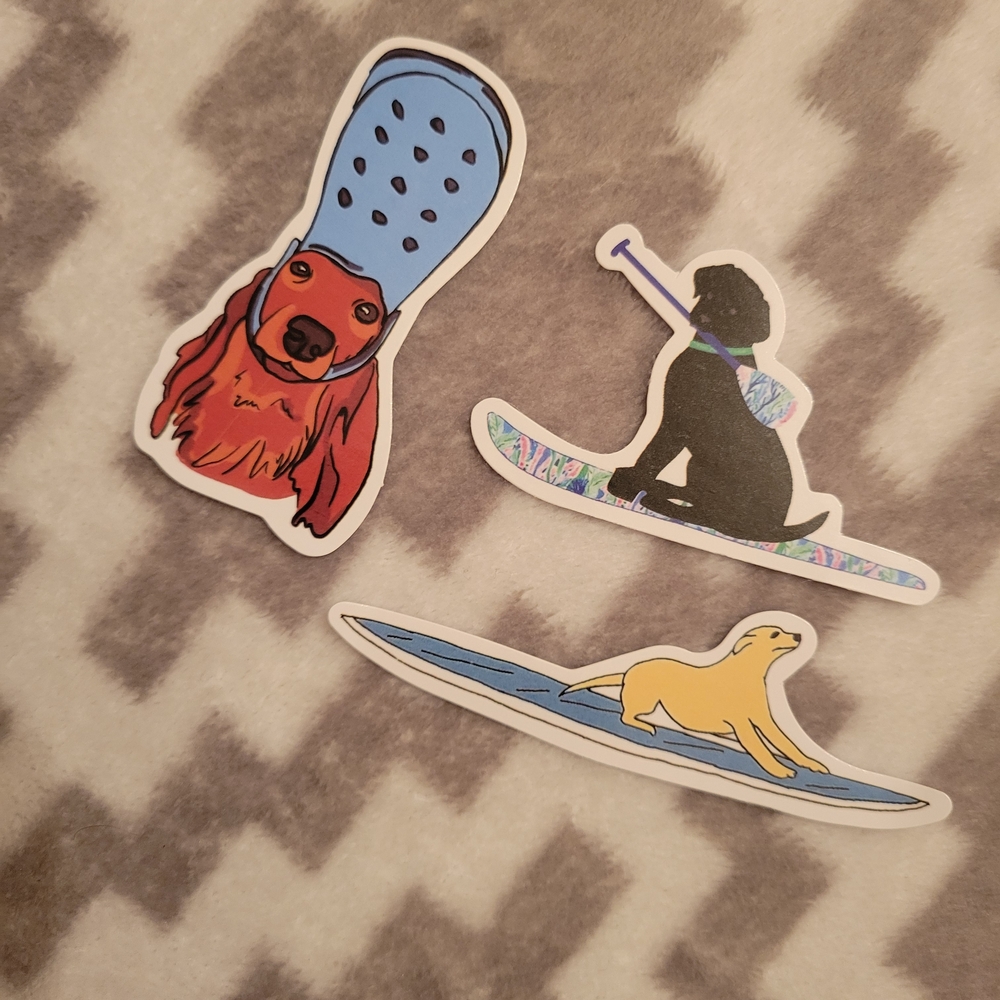 Dog Surfing Sticker Set - Blue, Yellow, Black, Red